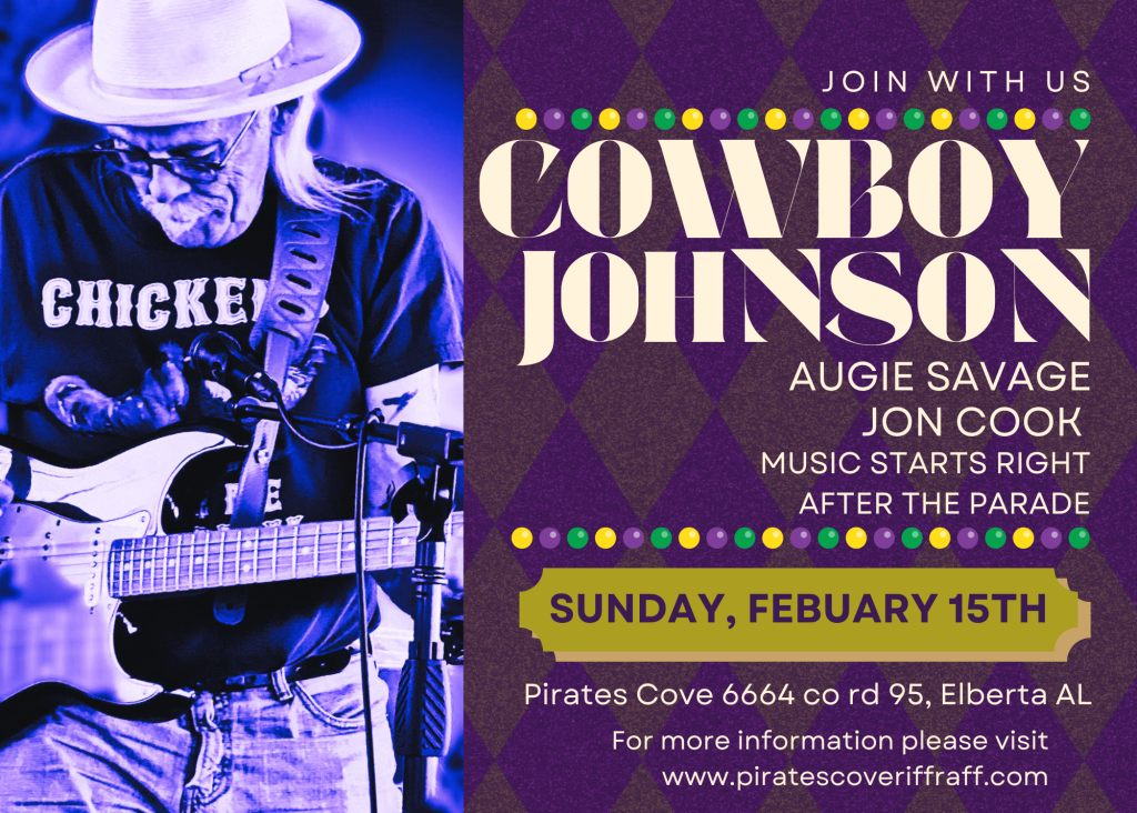 Purple and Gold Photography Mardi Gras Carnival Invitation - Pirates Cove | Gulf Coast Bar & Grill | Drinks, Food & Live Music Since 1957