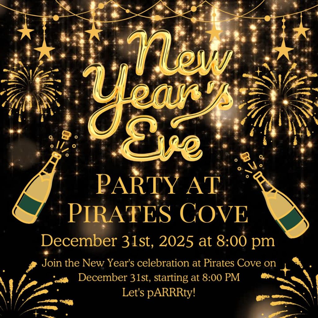 New Years Eve party invitation Instagram Post - Pirates Cove | Gulf Coast Bar & Grill | Drinks, Food & Live Music Since 1957